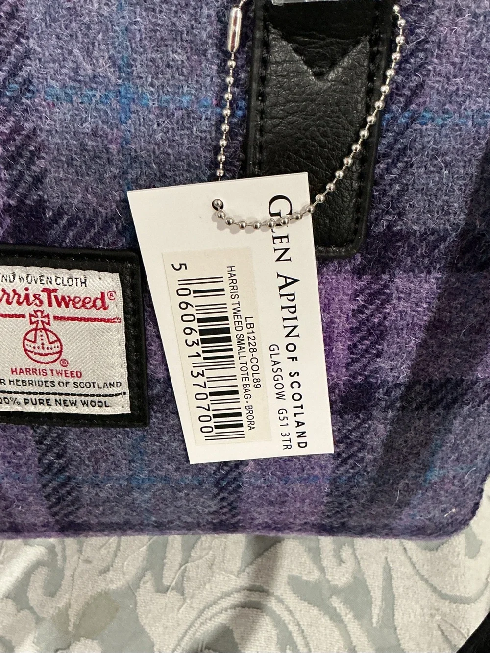 Glen Appin Purple Plaid Harris Tweed Satchel with Black Trim - Picture 2 of 6